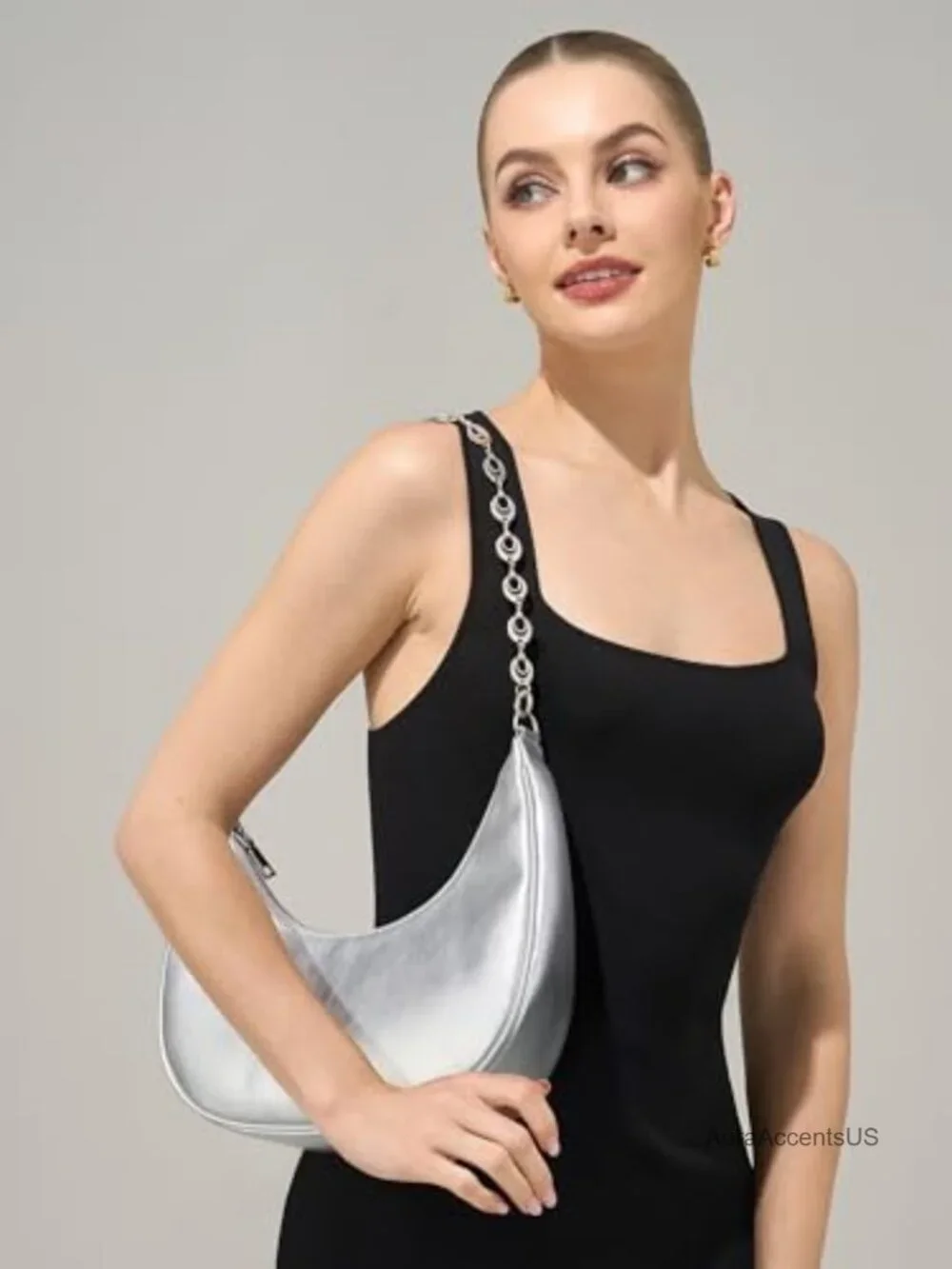 PU Leather Crescent Hobo Shoulder Bag with Chain Strap, Work Casual Evening